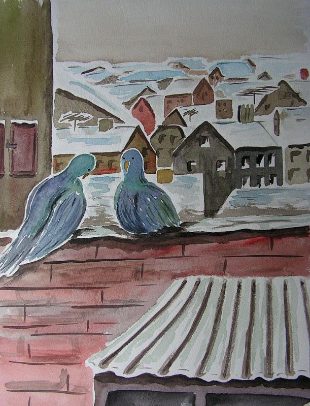 Tauben im Schnee, 1977, Aquarell, 30x40.jpg